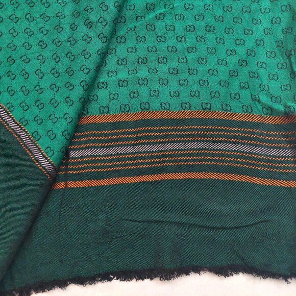 Gucci Vintage Green Dual-Tone Monogram Orange Stripe Reversible Shawl Wrap Scarf - Picture 11 of 15